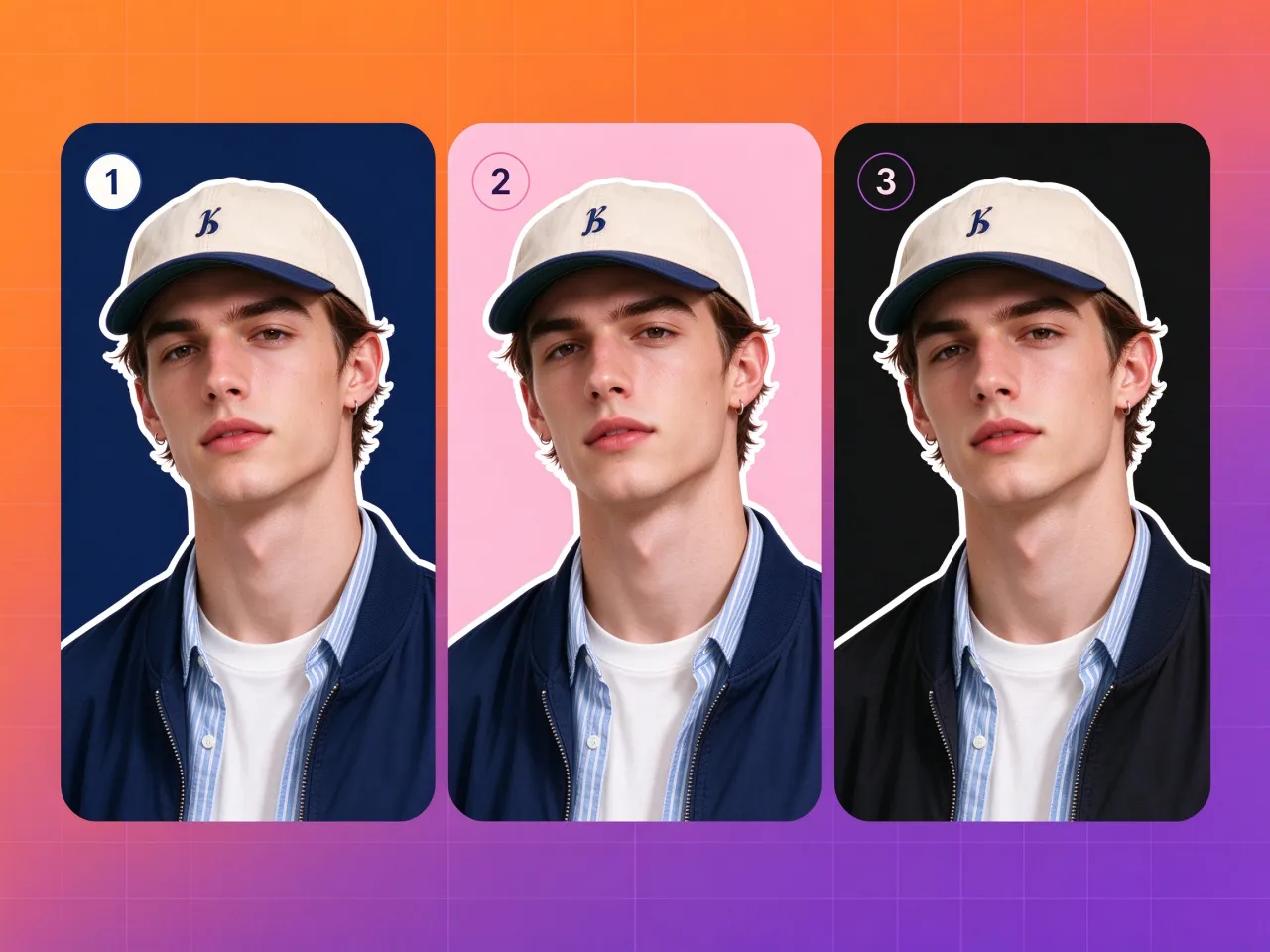 Same portrait cutout on navy, pink and black solid background colors