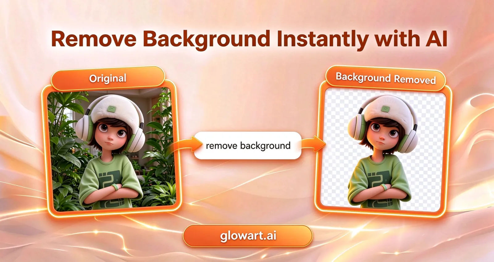 AI background remover explained: original photo, remove button, and transparent cutout result