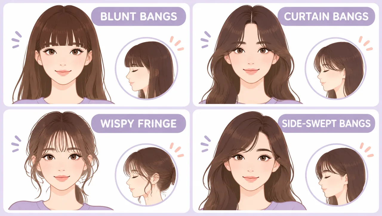 Four bang types compared: blunt, curtain, wispy, and side-swept