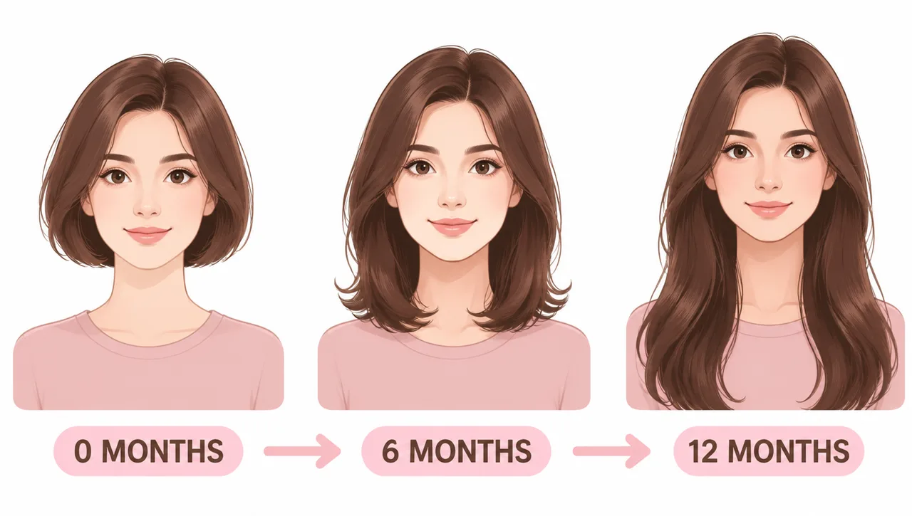 Hair growth timeline from a short bob to long hair over twelve months