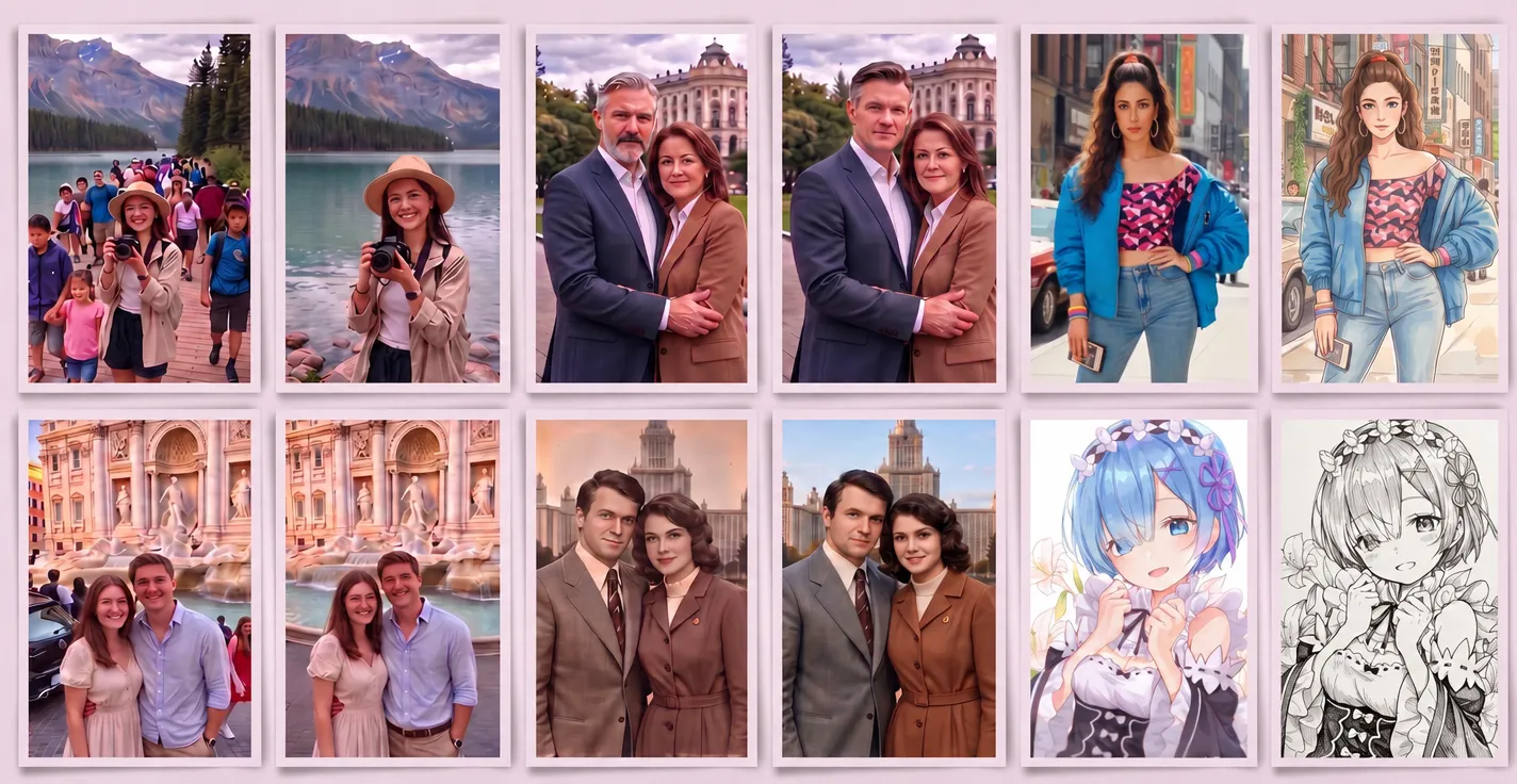 Before and after pictures edited with the GlowArt AI photo editor: photobombers removed, group shots unblurred, old family photos restored and colorized, portraits turned into anime